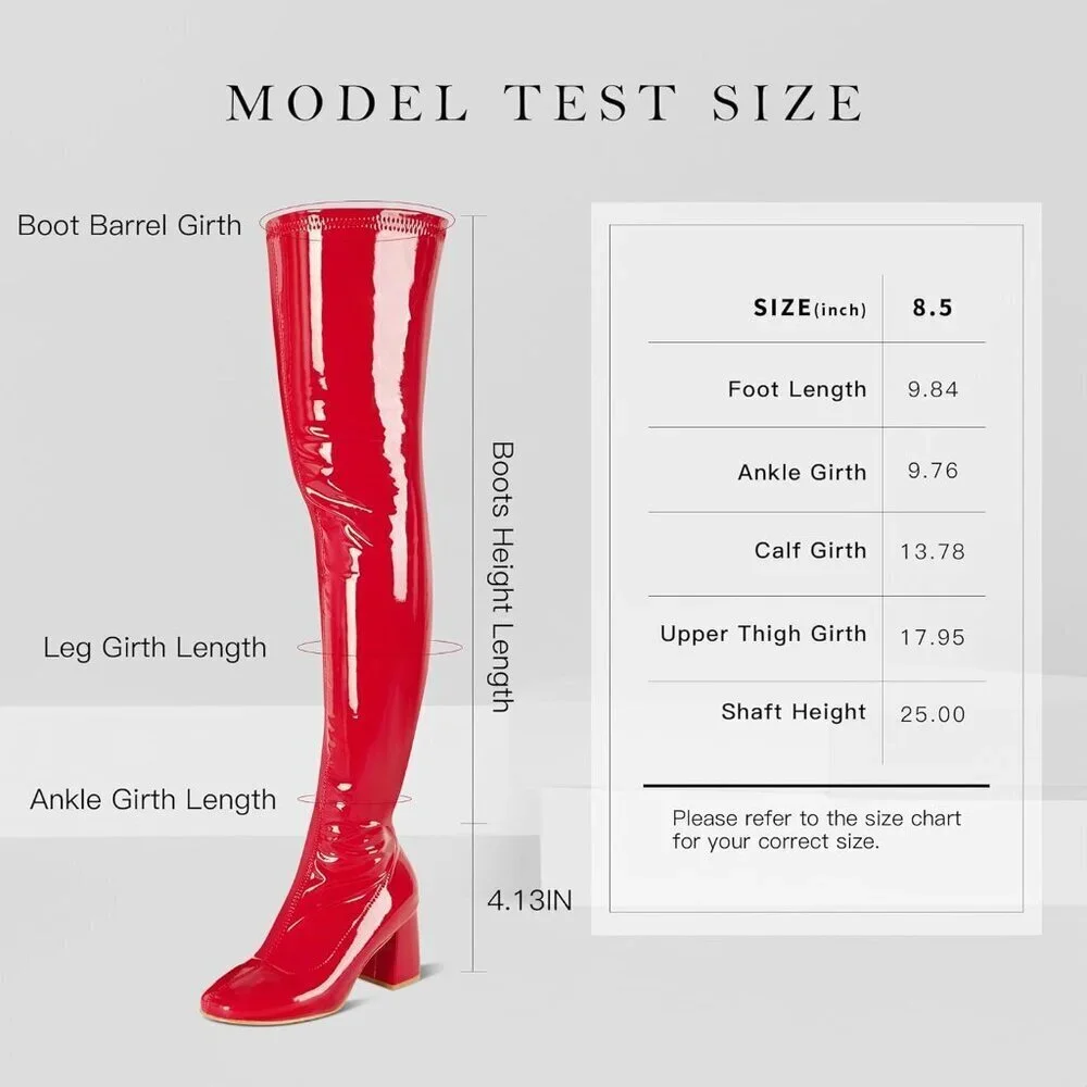 Women Red Patent Leather PU Chunky Heel Over The Knee Square Toe Long Boot